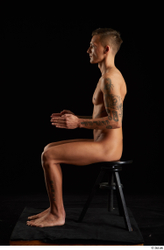 Whole Body Man White Tattoo Nude Athletic Sitting Studio photo references